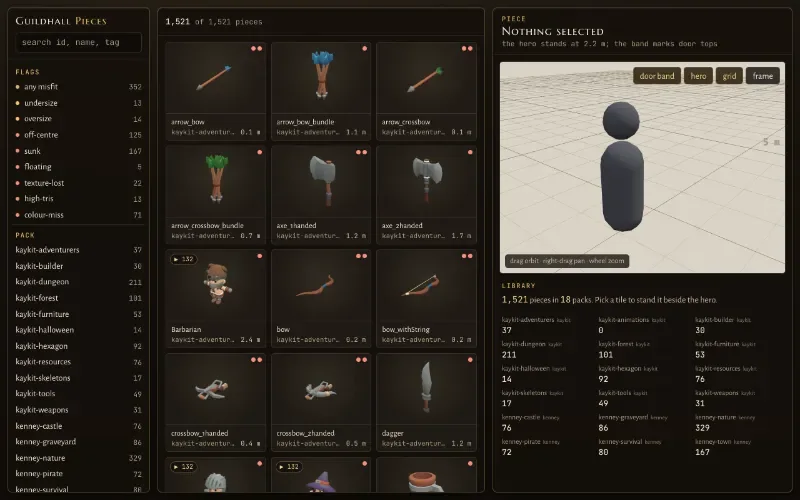 The Pieces browser: a grid of weapons and props with filters by pack on the left and a character silhouette for scale