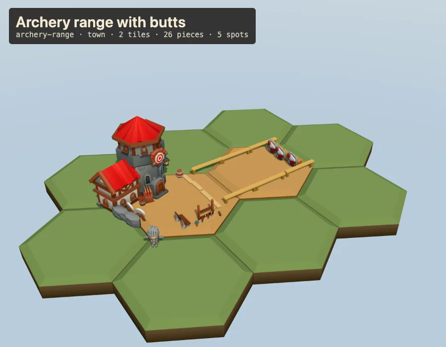 An archery range tile prefab on hex ground, with its name, kind, piece count and spot count in a label