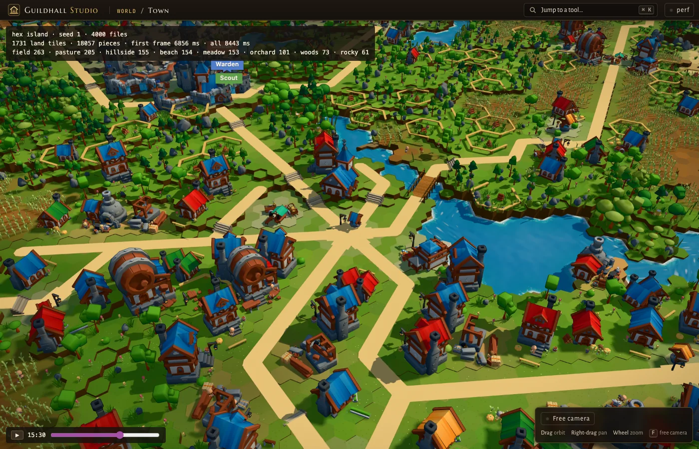 A hex town with houses, roads and trees at golden hour