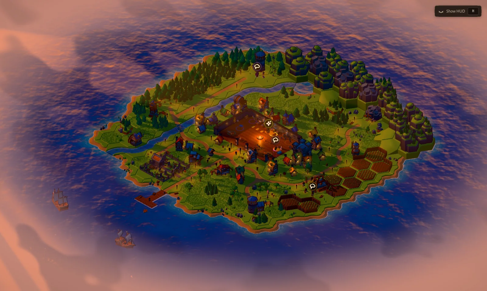 Guildhall V1: a small low-poly island at golden hour with a lit hall in the middle