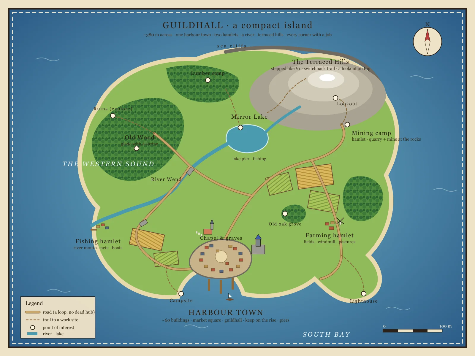 A hand-drawn style map of the compact island planned in the first V2 attempt
