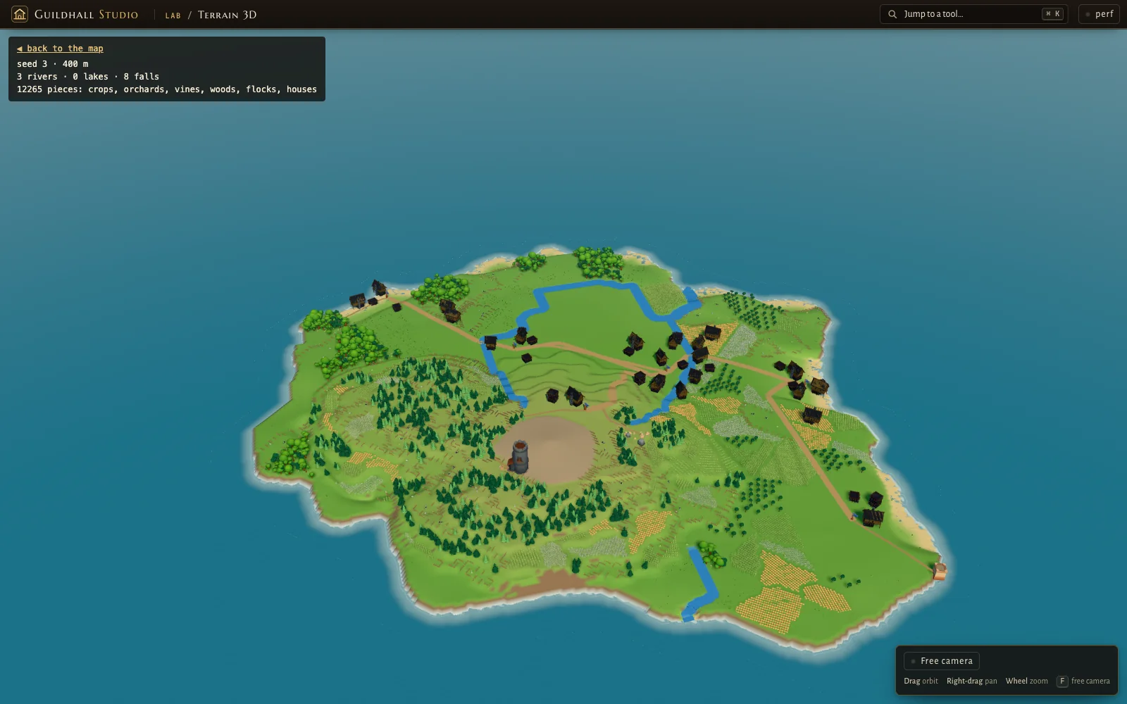 The first V2 attempt: a smooth, flat green island with scattered houses and thin rivers