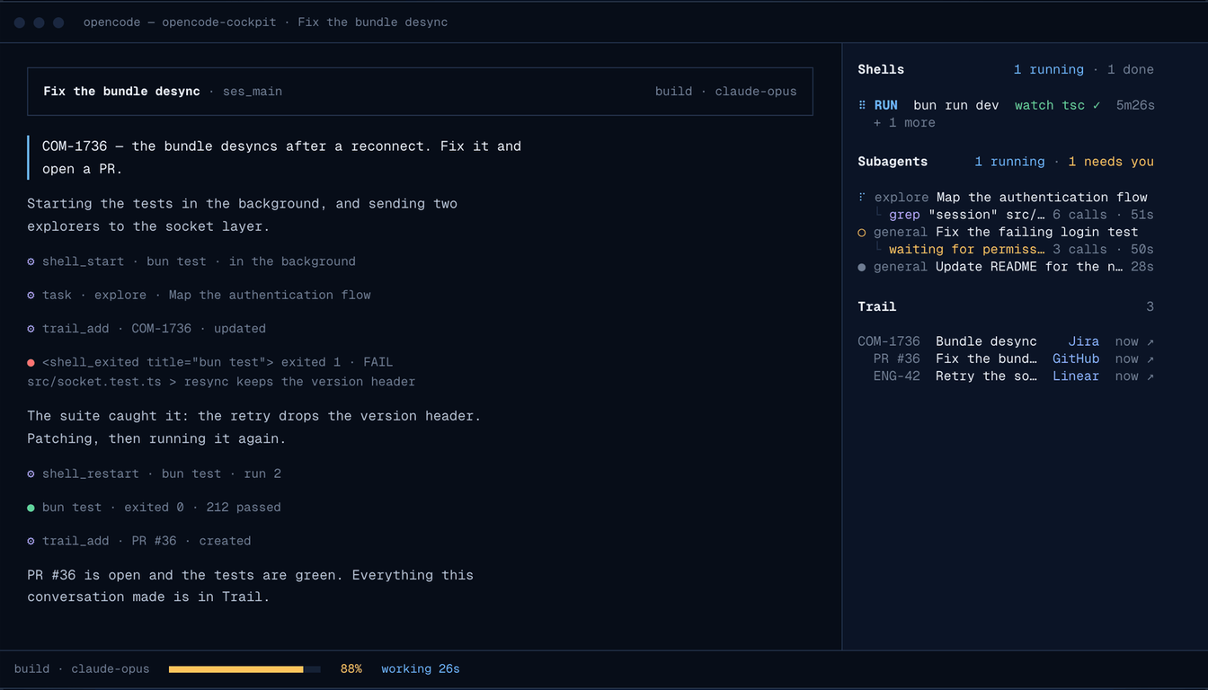 One OpenCode session with Cockpit: a running shell, subagents at work and a trail of tickets and pull requests in the sidebar